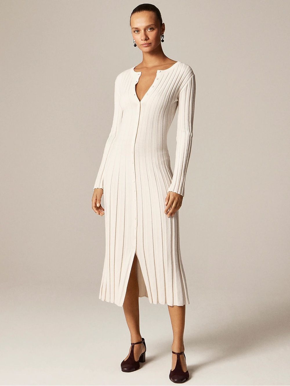 J.Crew Women Cream Ivory Merino Wool Blend Ribbed Long-Sleeve Midi Dress Sz XL